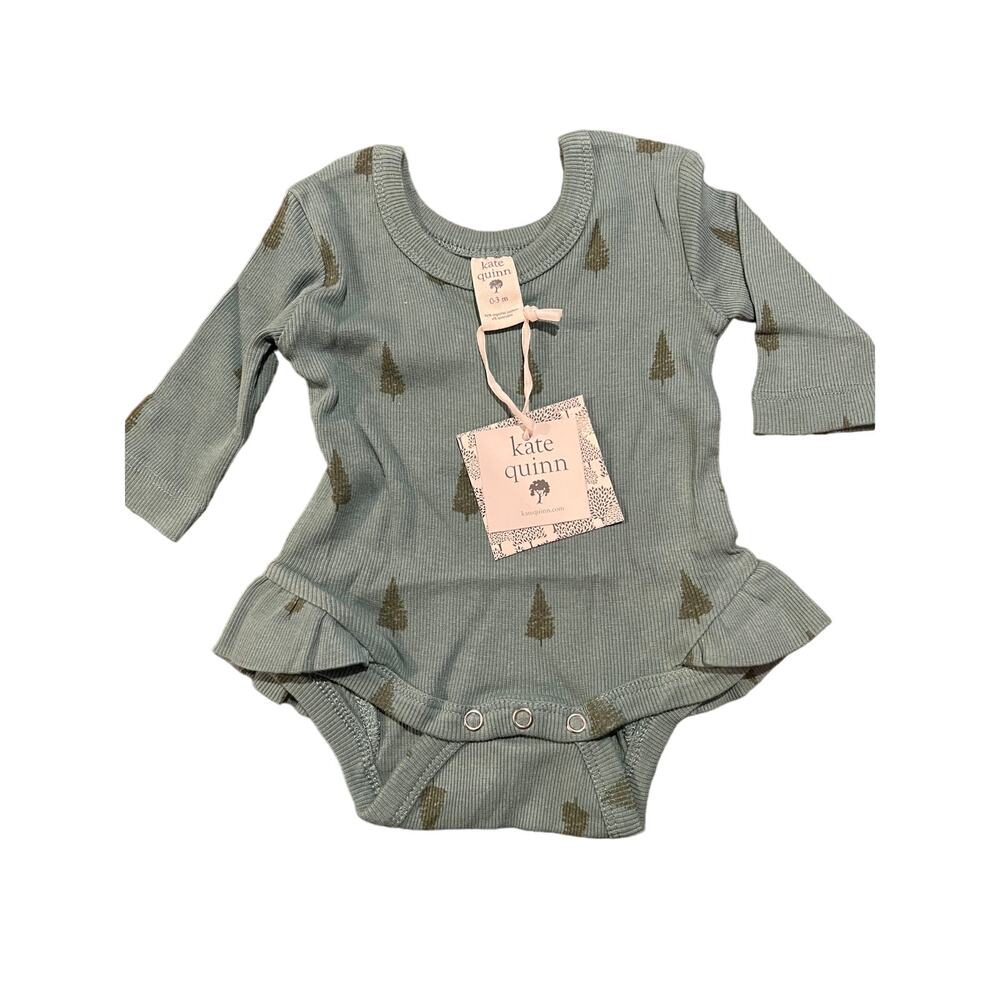 NWT Kate Quinn LongSleeve Ruffle Leg Bodysuit Tiny Pine Tree Cotton Ribbed 3-6m